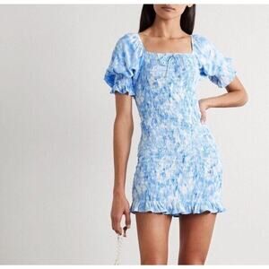 Faithfull the Brand Magnolia Mini Dress Sz 4 Small Blue Floral Tie Dye Smocked